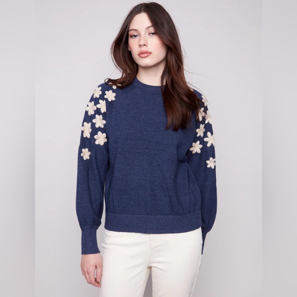 CHARLIE B Blue Sweater with Cream Floral Accents
